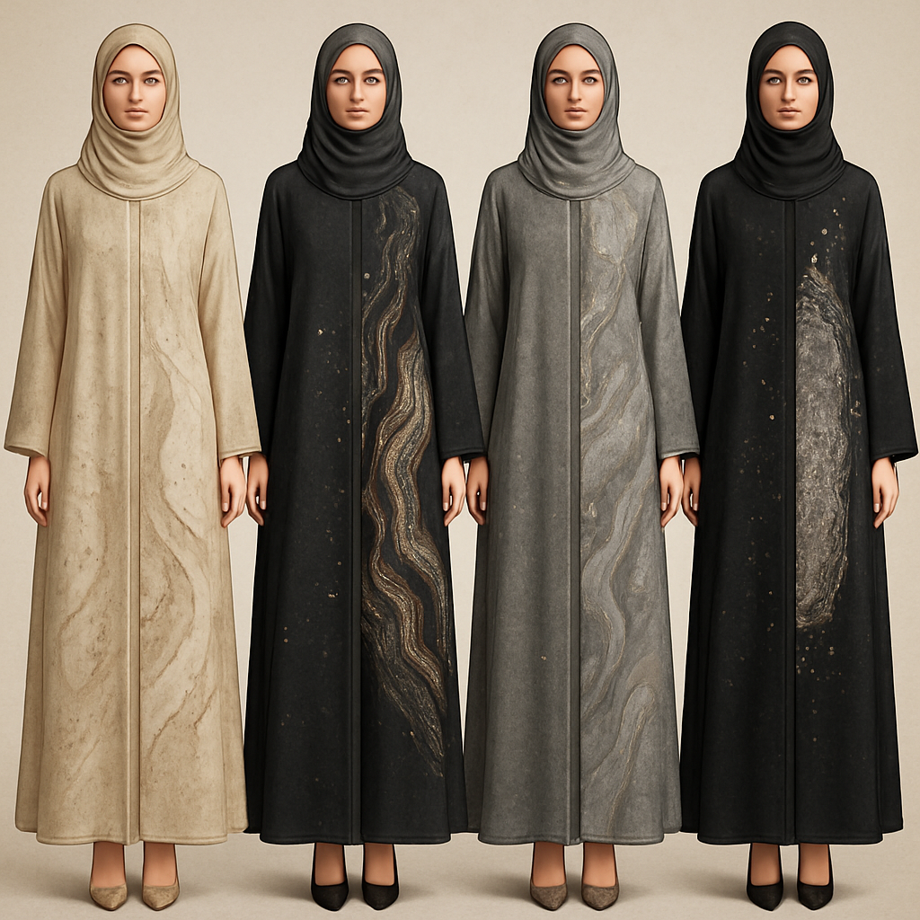 Create a modest abaya, first of its kind, featuring a unique stone design that exudes a classy and sophisticated vibe. I'd like four designs, each showcasing different styles and fabrics. Incorporate high-end, unique chic stone designs to make them truly special. Add little sophisticated stone designs. Make it irresistible for customers
Create a modest abaya, first of its kind, featuring a unique stone design that exudes a classy and sophisticated vibe. I'd like four designs, each showcasing different styles and fabrics. Incorporate high-end, unique chic stone designs to make them truly special. Add little sophisticated stone designs. Make it irresistible for customers