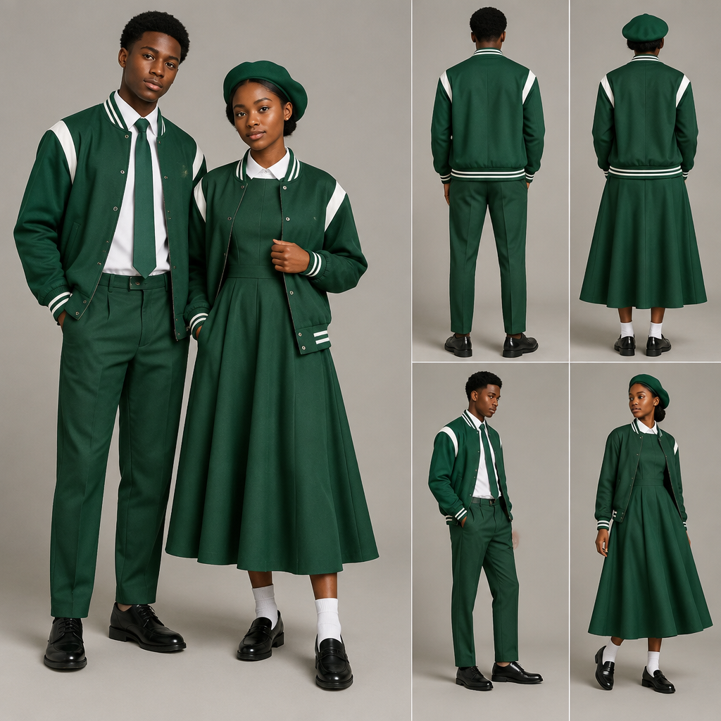 A Male Top design, with modest, full coverage: longer hemlines, higher necklines and covered shoulders, suitable for Spring. Design a green baseball jacket with white accents for both male and female. Green arms. Use black teenagers as models.
A green fit and flare dress,covering chest area,almost reaching ankles,green barrett and white socks for the female.
A green relaxed trouser,white shirt,green tie and white socks for the male.
Nice black school shoes for both.. South Africa fashion aesthetics. Present it as professional fashion catalogue photography: the garment is the subject, shown full-length with editorial styling, neutral posing and tasteful, non-suggestive framing.
photorealistic fashion design, A Male Top design, with modest, full coverage: longer hemlines, higher necklines and covered shoulders, suitable for Spring. Design a green baseball jacket with white accents for both male and female. Green arms. Use black teenagers as models.
A green fit and flare dress,covering chest area,almost reaching ankles,green barrett and white socks for the female.
A green relaxed trouser,white shirt,green tie and white socks for the male.
Nice black school shoes for both.. South Africa fashion aesthetics. Present it as professional fashion catalogue photography: the garment is the subject, shown full-length with editorial styling, neutral posing and tasteful, non-suggestive framing., just the design no text