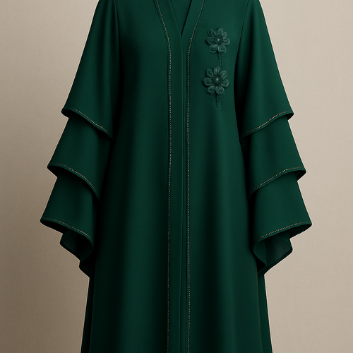 The Luxury Double-Sleeve Abaya
Tone: Deep Emerald Design: Layered double-sleeve with stone outlines and a few floral appliqués. Why it will sell: Double-sleeve designs trend every year sophisticated and instantly attractive.
