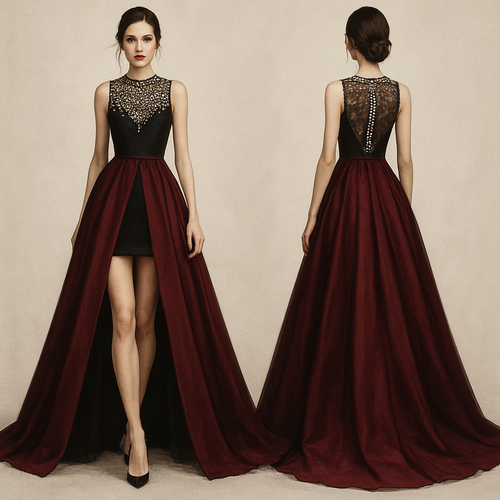 A tigth black dress With a big skutt over that is oprn in the front. The big skirt over the black one is going to be dark red or burgundy. The top will be detailed and with pearls. The woman in the dress is beautiful and has a beautiful face. She is skinny. The black dress inside is short and the big skirt is long. 