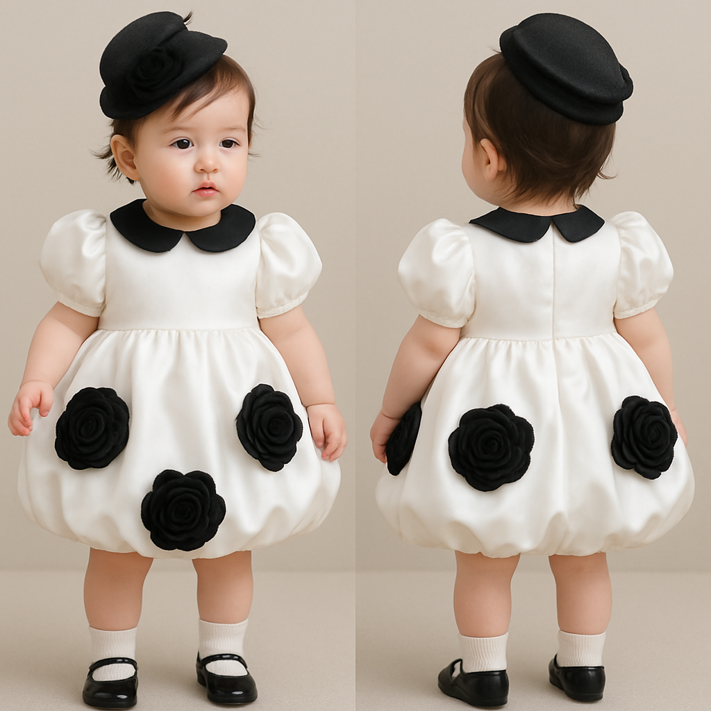 一歳の女の子着用画
白のサテンドレス、襟は丸くて黒、バルーンスカートで丈は膝上
パフスリーブ(ボリュームあり)
サテンの黒の大きなバラをスカート部分の前側と後ろ側に均等に3つずつバランスよくつけて
頭には黒のカクテルハット、同じバラを小さめで着けて
白い靴下に黒いパンプス
一歳の女の子着用画
白のサテンドレス、襟は丸くて黒、バルーンスカートで丈は膝上
パフスリーブ(ボリュームあり)
サテンの黒の大きなバラをスカート部分の前側と後ろ側に均等に3つずつバランスよくつけて
頭には黒のカクテルハット、同じバラを小さめで着けて
白い靴下に黒いパンプス
, show front and back