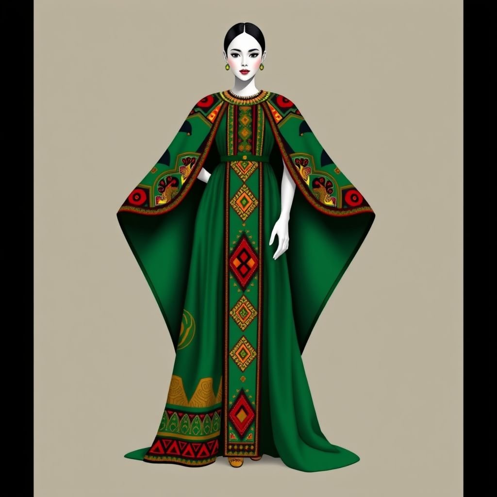 Create a woman’s kaftan that would wow at a met gala. Mix modern with African. Color will be hunter green
Design an exquisite woman's kaftan that seamlessly blends traditional African aesthetics with modern elegance, perfect for the Met Gala. The flowing silhouette features intricate beadwork and bold geometric patterns inspired by various African cultures. Made of luxurious hunter green silk, it boasts a dramatic cape adorned with colorful tribal motifs, exuding regal sophistication.