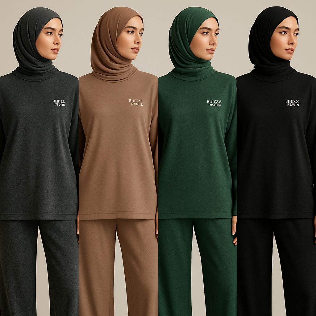 Create a revolutionary women's modest loose gym wear brand called "Modest Fleur". Display the brand name on the in a unique design on the upper right side, in small thick writing that exudes a classy and sophisticated vibe. I'd like four designs, each showcasing different styles and fabrics, with high-end, chic designs to make them truly special. Making it first design in the world 

Create a revolutionary women's modest loose gym wear brand called "Modest Fleur". Display the brand name on the in a unique design on the upper right side, in small thick writing that exudes a classy and sophisticated vibe. I'd like four designs, each showcasing different styles and fabrics, with high-end, chic designs to make them truly special. Making it first design in the world 