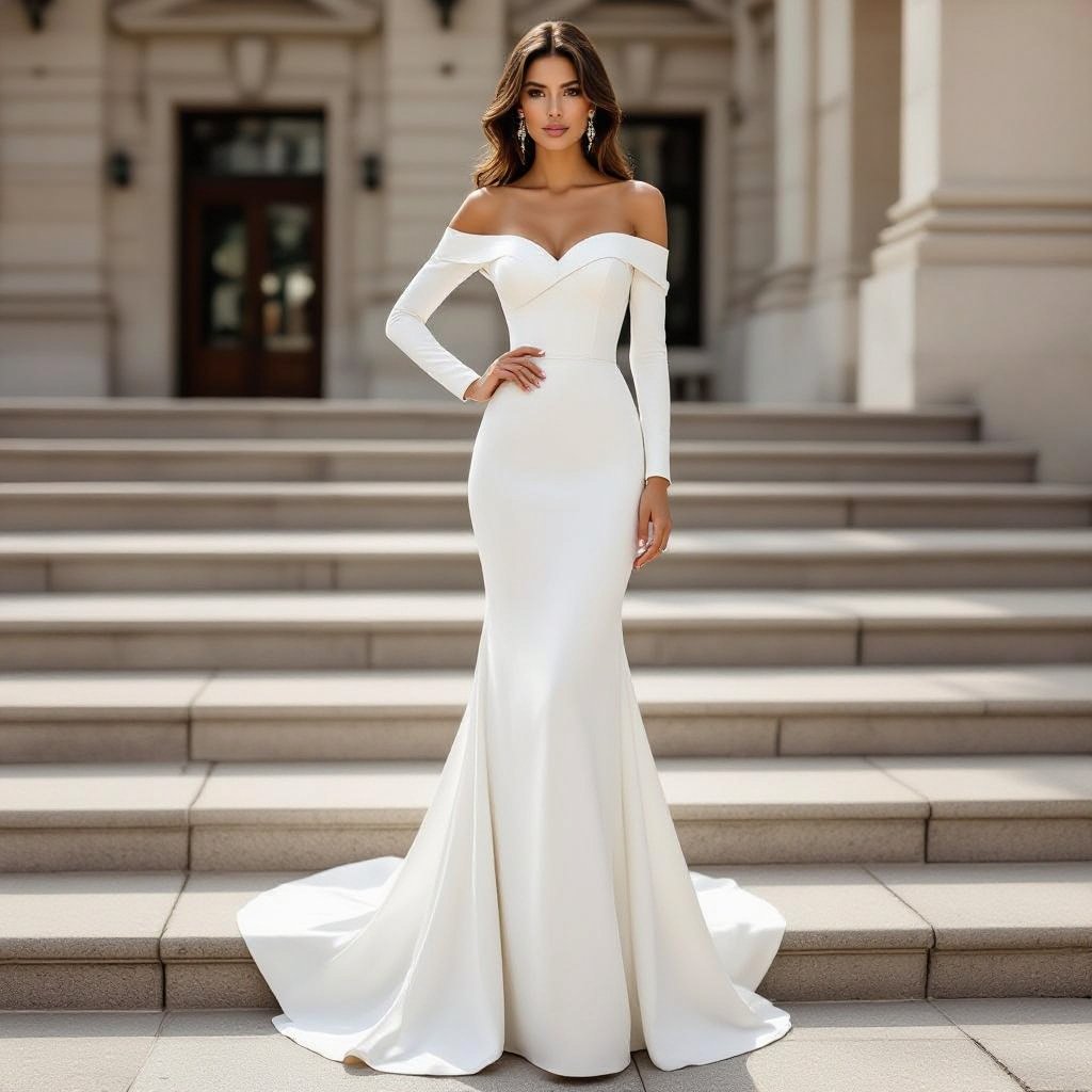A dress with a sweet heart neckline slightly off shoulder no slit tight fitted and a train also make sure it’s long sleeve
Elegant fashion: Elegant long-sleeve dress with a sweetheart off-shoulder neckline, tight-fitted silhouette, and a subtle train.