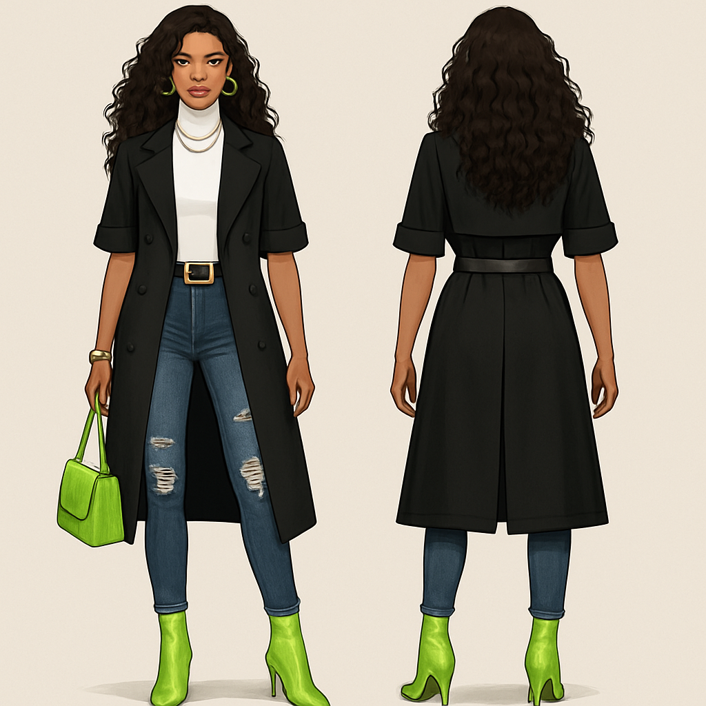 White turtleneck short sleeves black trench coat
Fitted ripped jeans
Gold belt on pants
Gold necklace
Lime Heel boots
Lime green earrings and bracelet
Long curls
Lime green purse
White turtleneck short sleeves black trench coat
Fitted ripped jeans
Gold belt on pants
Gold necklace
Lime Heel boots
Lime green earrings and bracelet
Long curls
Lime green purse , streetwear style, show front and back