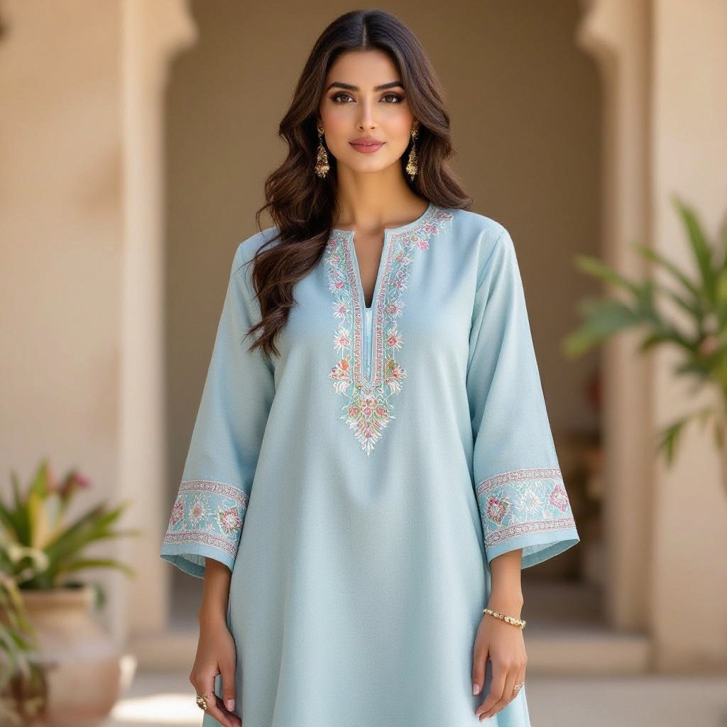 The dress should not be too heavy, just casual and comfortable. • Use Sindhi-style embroidery or design, but keep it light and minimal. • A little embroidery or mirror work on the neckline (gala). • Some embroidery/design on the sleeves as well (not full, just on the edges or cuffs). • The shalwar should also have a small amount of embroidery/design at the bottom.
A light cotton casual dress in a relaxed cut. Minimal Sindhi-style embroidery and mirror work detail the neckline. The sleeves feature subtle embroidery on the cuffs, complementing a touch of embroidery low on the shalwar.