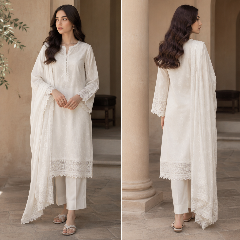 A Female Salwar Kameez design, suitable for Fall, in Casual style. make a simple white. Pakistan fashion aesthetics. Present it as professional fashion catalogue photography: the garment is the subject, shown full-length with editorial styling, neutral posing and tasteful, non-suggestive framing.
photorealistic fashion design, A Female Salwar Kameez design, suitable for Fall, in Casual style. make a simple white. Pakistan fashion aesthetics. Present it as professional fashion catalogue photography: the garment is the subject, shown full-length with editorial styling, neutral posing and tasteful, non-suggestive framing., casual style, just the design no text
