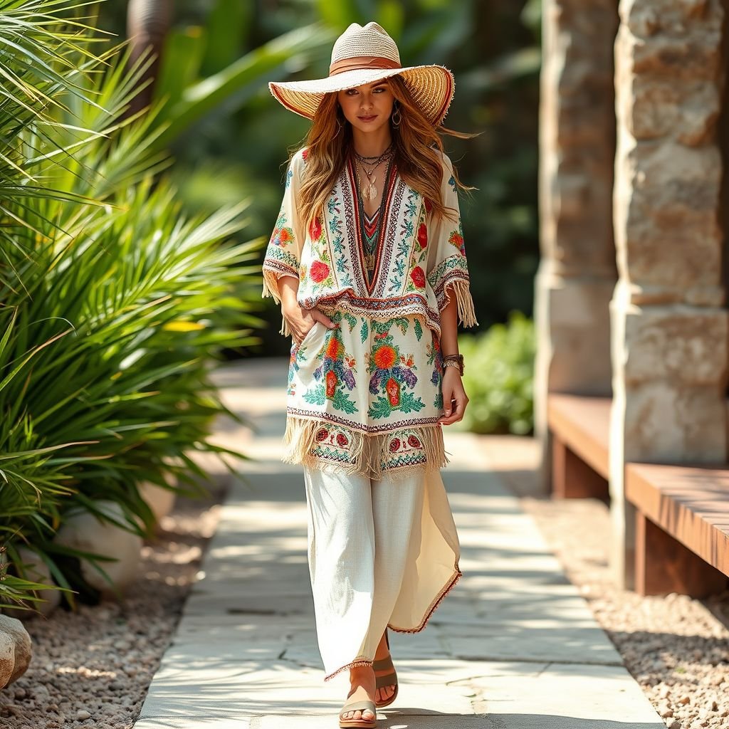 Cotton summer Resort pencil skirt clean shiv and shirt and wear style channel chic comfy
Design a flowing boho_chic cotton summer resort pencil skirt with intricate embroidery and vibrant, earthy tones. Pair it with a relaxed-fit, oversized shirt adorned with playful fringe and whimsical print patterns. Incorporate comfortable, soft fabrics that drape elegantly, while accessorizing with layered necklaces and wide-brimmed hats for that effortless, laid-back vibe.