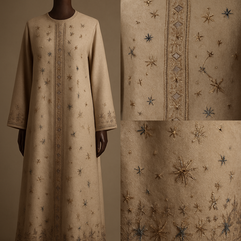 
ankle‑length sand‑beige abaya, no scarf, embroidery applied directly to the garment featuring scattered star and desert‑constellation motifs. Intricate hand‑stitched embroidery across the chest, down the center front panel, along the cuffs and hem; threads in matte bronze, antique gold, and deep midnight blue with tiny beadwork and subtle sequins that catch light. Straight silhouette with a gentle rear flare for fluid drape, lightweight cashmere‑wool blend fabric with realistic fine fibers visible in close‑ups. Displayed on a luxurious dark polished wooden mannequin, no visible joints, clamps, or stands. Soft directional natural studio lighting to accentuate embroidery metallic sheen, shallow depth of field, photorealistic, high resolution — include both full‑body and close‑up detail shots."

Negative prompts (copy these too):
"no scarf, no text, no logos, no hanger, no visible mannequin joints or stands, avoid unrealistic folds, no extra props, no watermarks."

Recommended settings:
- Aspect ratio: vertical 2:3 (e.g., 2048 × 3072 or higher)  
- Style: photorealistic / high detail  
- Guidance/CFG: 7–12  
- Steps: 20–40  
- Texture hint: "realistic cashmere‑wool texture, soft matte finish, visible fine fibers in macro shots"  
- Lighting hint: "soft directional natural studio light, highlight metallic threads and beadwork, shallow DOF"


ankle‑length sand‑beige abaya, no scarf, embroidery applied directly to the garment featuring scattered star and desert‑constellation motifs. Intricate hand‑stitched embroidery across the chest, down the center front panel, along the cuffs and hem; threads in matte bronze, antique gold, and deep midnight blue with tiny beadwork and subtle sequins that catch light. Straight silhouette with a gentle rear flare for fluid drape, lightweight cashmere‑wool blend fabric with realistic fine fibers visible in close‑ups. Displayed on a luxurious dark polished wooden mannequin, no visible joints, clamps, or stands. Soft directional natural studio lighting to accentuate embroidery metallic sheen, shallow depth of field, photorealistic, high resolution — include both full‑body and close‑up detail shots."

Negative prompts (copy these too):
"no scarf, no text, no logos, no hanger, no visible mannequin joints or stands, avoid unrealistic folds, no extra props, no watermarks."

Recommended settings:
- Aspect ratio: vertical 2:3 (e.g., 2048 × 3072 or higher)  
- Style: photorealistic / high detail  
- Guidance/CFG: 7–12  
- Steps: 20–40  
- Texture hint: "realistic cashmere‑wool texture, soft matte finish, visible fine fibers in macro shots"  
- Lighting hint: "soft directional natural studio light, highlight metallic threads and beadwork, shallow DOF"