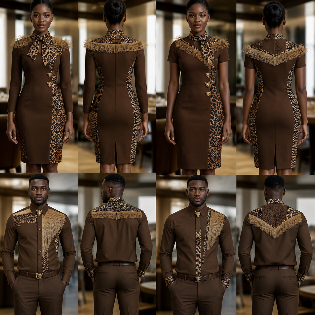designs de Robe hôtesse pour restaurant différents , robe droite jusqu’au genoux pour femme , col pasteur petite écharpe motif panthère noire et marron , bouton en panthère Avec une touche de paille au niveau des épaules et la poitrine de même pour les hommes pantalon chemise , designs sur la robe en motifs tissu panthère tissu africain ekang Cameroun . La couleur du vêtement est marron , très fashion chic , et élégante , plus stylé et original
photorealistic fashion design, designs de Robe hôtesse pour restaurant différents , robe droite jusqu’au genoux pour femme , col pasteur petite écharpe motif panthère noire et marron , bouton en panthère Avec une touche de paille au niveau des épaules et la poitrine de même pour les hommes pantalon chemise , designs sur la robe en motifs tissu panthère tissu africain ekang Cameroun . La couleur du vêtement est marron , très fashion chic , et élégante , plus stylé et original , office style, just the design no text, show front and back