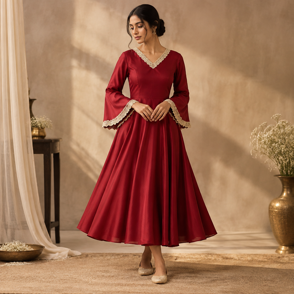 Cherry red silk fabric dress with A tea length circle skirt which starts from the waist and bell sleeves with a soft V neckline. Thin ivory cream lace on neckline and sleeves' ending.. Bangladesh fashion aesthetics. Present it as professional fashion catalogue photography: the garment is the subject, shown full-length with editorial styling, neutral posing and tasteful, non-suggestive framing.
photorealistic fashion design, Cherry red silk fabric dress with A tea length circle skirt which starts from the waist and bell sleeves with a soft V neckline. Thin ivory cream lace on neckline and sleeves' ending.. Bangladesh fashion aesthetics. Present it as professional fashion catalogue photography: the garment is the subject, shown full-length with editorial styling, neutral posing and tasteful, non-suggestive framing., just the design no text