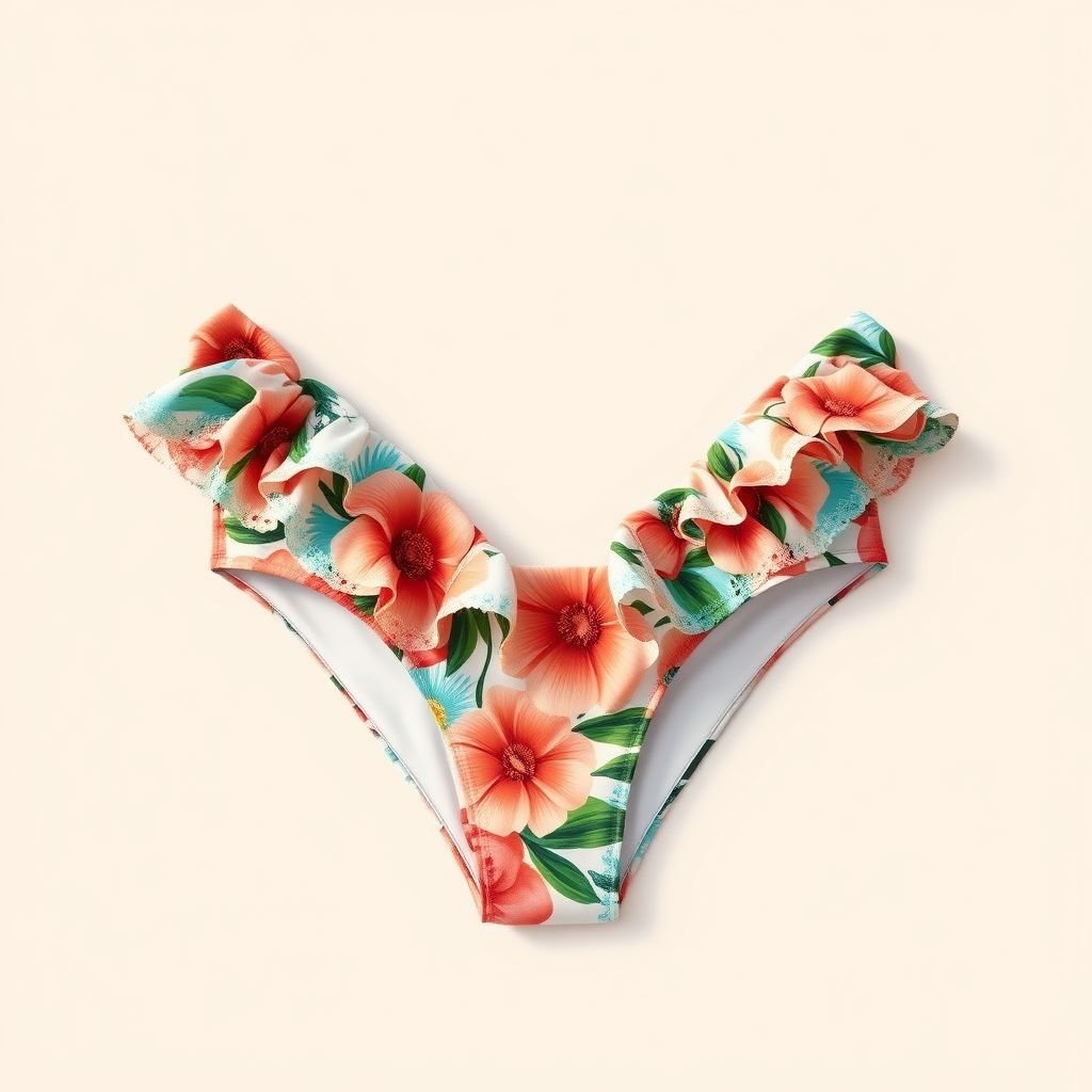 בגד ים ביקיני בסגנון של צימרמן
Design a vibrant, floral bikini inspired by Zimmermann's signature aesthetic, perfect for summer. Incorporate playful ruffles and intricate lace detailing, complemented by a sun-kissed color palette of coral, turquoise, and soft pastels. Add unique, oversized tropical prints, embodying the carefree essence of beach days and sunny escapes in luxurious fabrics.