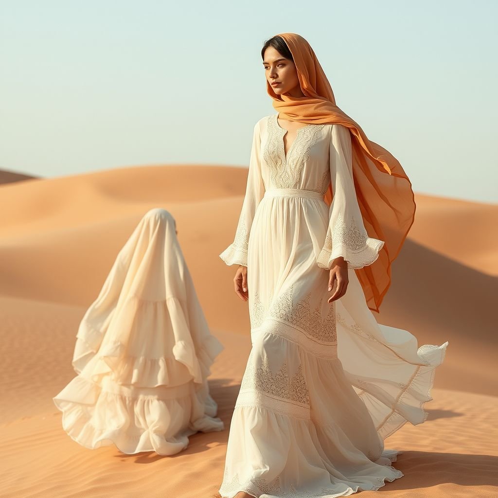 no address that represent desert and the life in the gulf should be neutral colors modest with flares and Ruffles
Design an ethereal desert-inspired collection featuring flowing silhouettes in neutral tones—sands, creams, and soft terracotta. Incorporate modest cuts with romantic flares and ruffles that mimic the graceful movement of dunes. Soft lightweight fabrics, layered textures, and delicate embroidery evoke the enchanting essence of Gulf life, celebrating nature's elegance and cultural heritage.