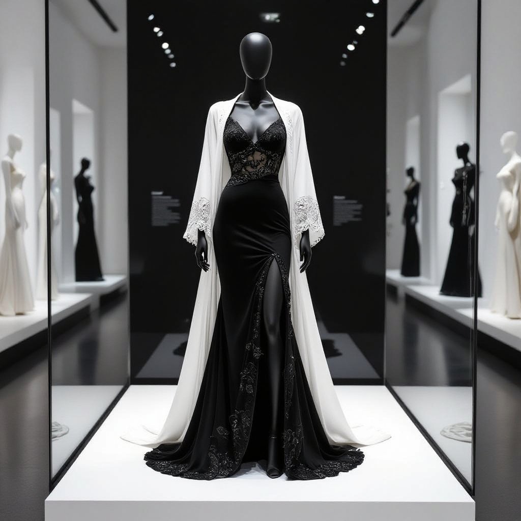 Create an black manequin in an black luxurious museum , the manequin wearing an black flowy long mermaid style dress , the top part slit in two parts with pearls , the material lace and silk, an robe white robe ontop of the dress aswell with garments and accessories
Formal fashion: Black mannequin in a black museum. Black flowy, long mermaid dress, lace and silk. Top slit, with pearls. White robe over dress.
