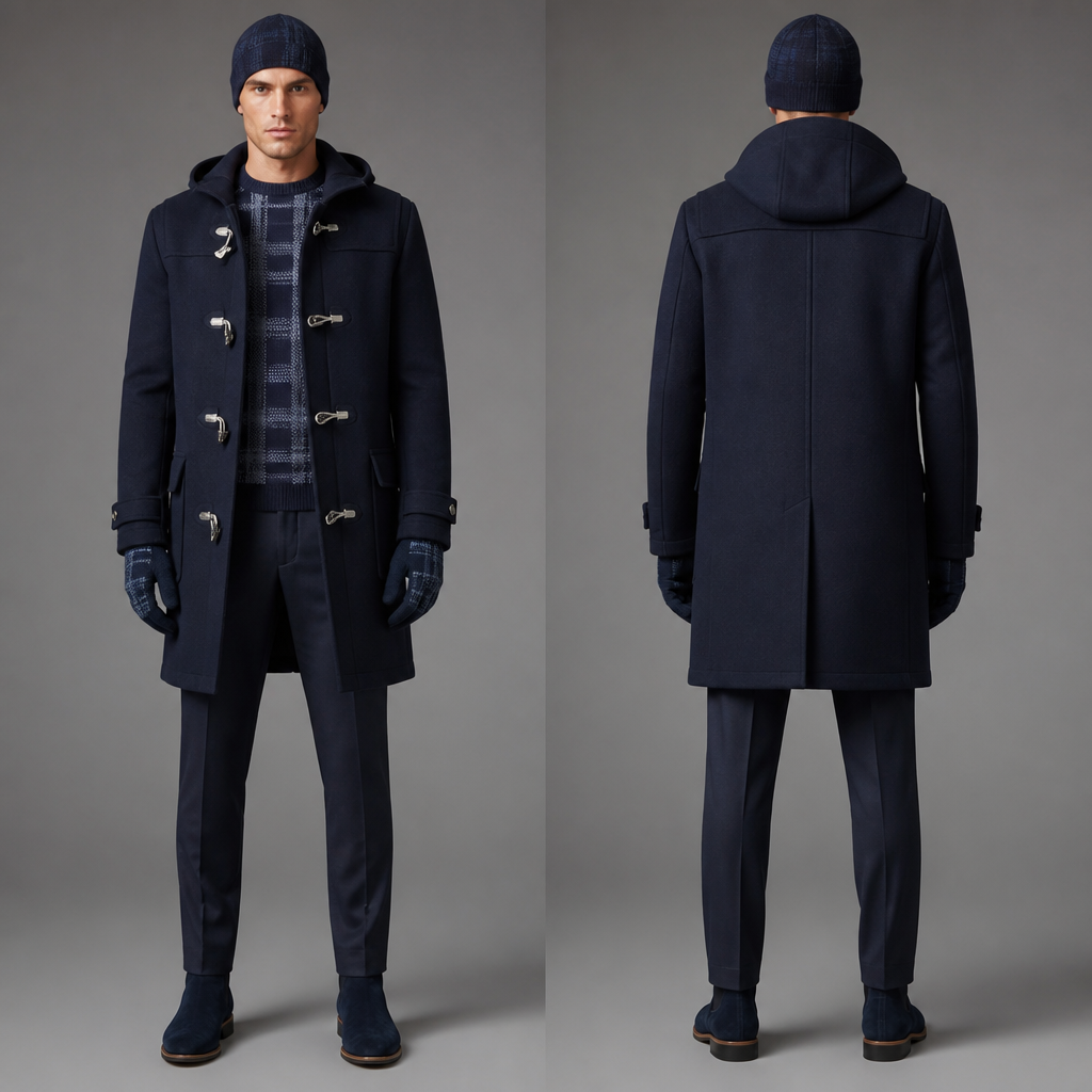 Men’s cashmere duffle coat navy color , with silver fasteners and short boots in navy suede Navy and silver checkered sweater and navy long dress slacks and navy and blue checkered matching gloves and matching beanie
photorealistic fashion design, Men’s cashmere duffle coat navy color , with silver fasteners and short boots in navy suede Navy and silver checkered sweater and navy long dress slacks and navy and blue checkered matching gloves and matching beanie , cashmere style, just the design no text, show front and back