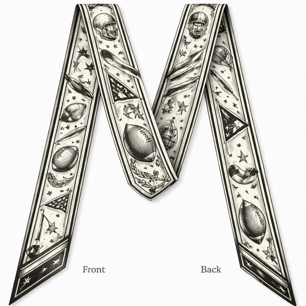 Design a silk scarf that is 5 x 86 cm with oblique edges. That has a football vibe. No colors. Keep it vintage. No words or logos. All American and simple
Design a silk scarf that is 5 x 86 cm with oblique edges. That has a football vibe. No colors. Keep it vintage. No words or logos. All American and simple, classic style, show front and back