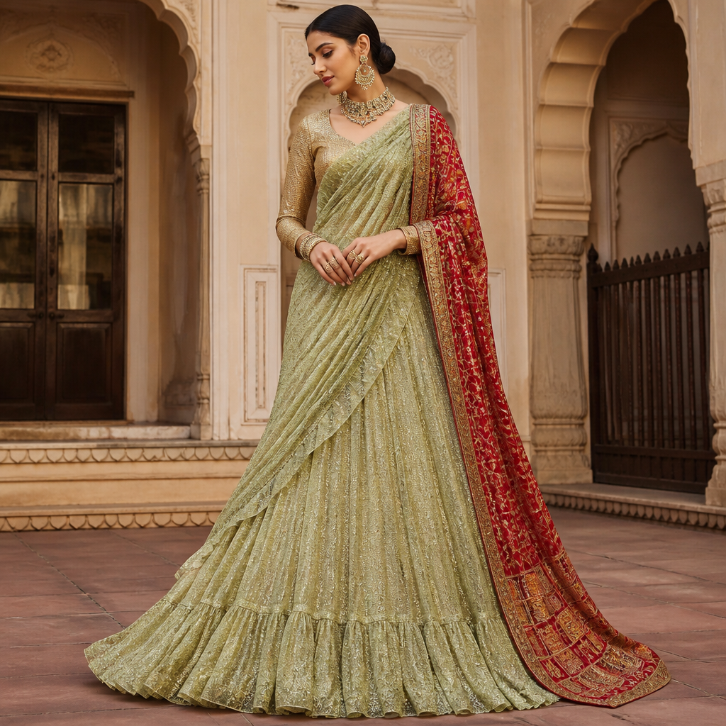 photorealistic fashion design, A Female Dress design, for Wedding. Mehendi green shimmer net fabric drape prestitched saree with heavy flare and red gharchola pallu and golden tissue blouse stylish. Design with modest coverage., just the design no text. Refinement: Green colour should be light mehendi green
photorealistic fashion design, photorealistic fashion design, A Female Dress design, for Wedding. Mehendi green shimmer net fabric drape prestitched saree with heavy flare and red gharchola pallu and golden tissue blouse stylish. Design with modest coverage., just the design no text. Refinement: Green colour should be light mehendi green , just the design no text