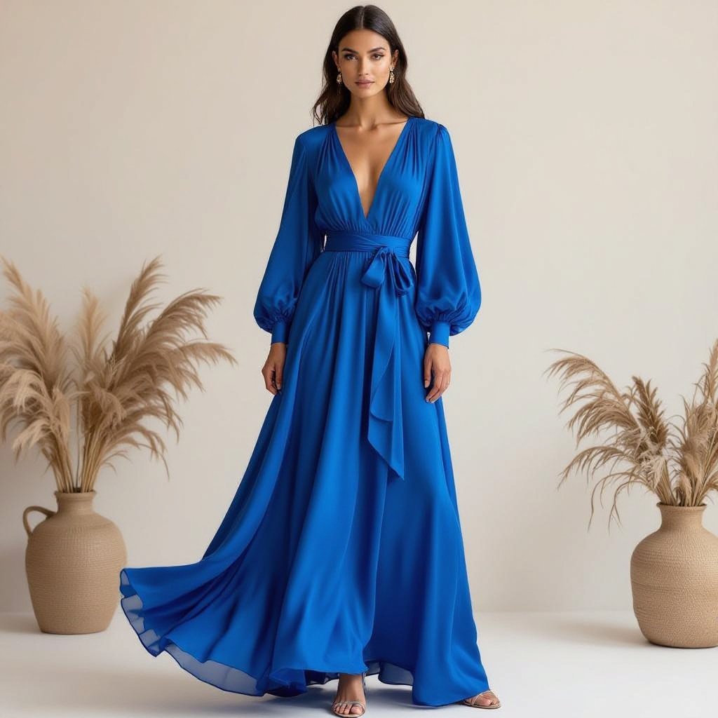 I want to create an inspirational design
A flowing silk maxi dress in a vibrant blue hue, featuring a deep V-neckline and balloon sleeves, cinched at the waist with a thin, matching fabric belt, creating an elegant and ethereal silhouette perfect for an inspirational design.