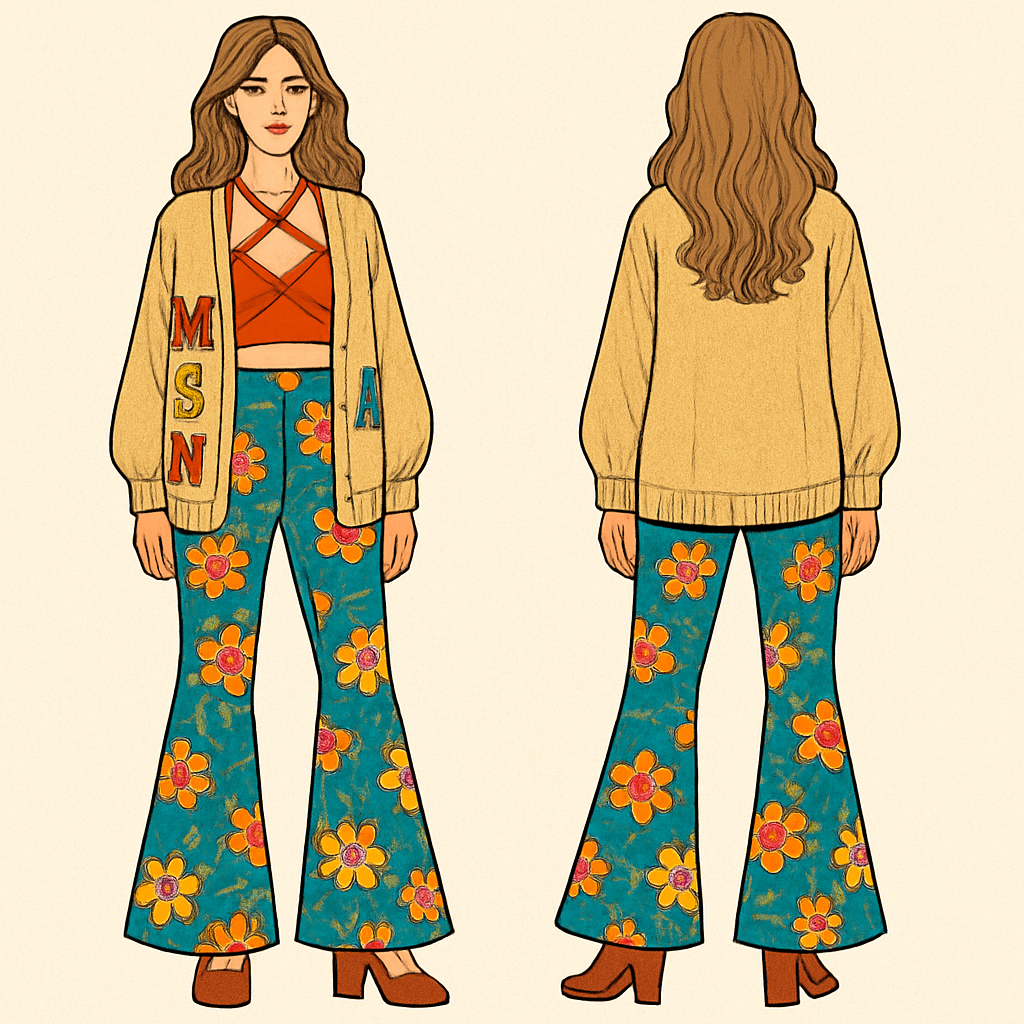Criss cross shirt bell bottom pants flowers on the pants with a letters man cardigan and some heels
Criss cross shirt bell bottom pants flowers on the pants with a letters man cardigan and some heels , hippy style, show front and back