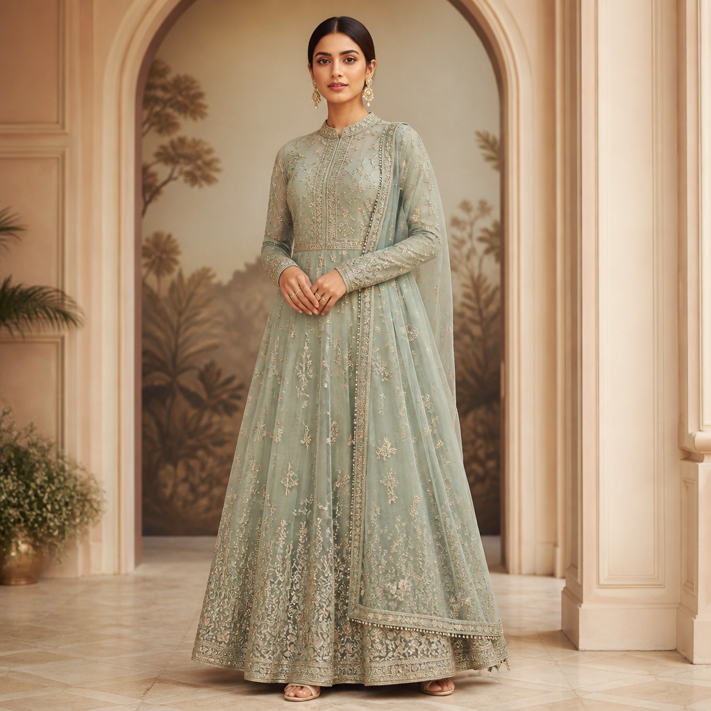 A Female Dress design, with modest, full coverage: longer hemlines, higher necklines and covered shoulders, for Party. India fashion aesthetics. Present it as professional fashion catalogue photography: the garment is the subject, shown full-length with editorial styling, neutral posing and tasteful, non-suggestive framing.
photorealistic fashion design, A Female Dress design, with modest, full coverage: longer hemlines, higher necklines and covered shoulders, for Party. India fashion aesthetics. Present it as professional fashion catalogue photography: the garment is the subject, shown full-length with editorial styling, neutral posing and tasteful, non-suggestive framing., just the design no text
