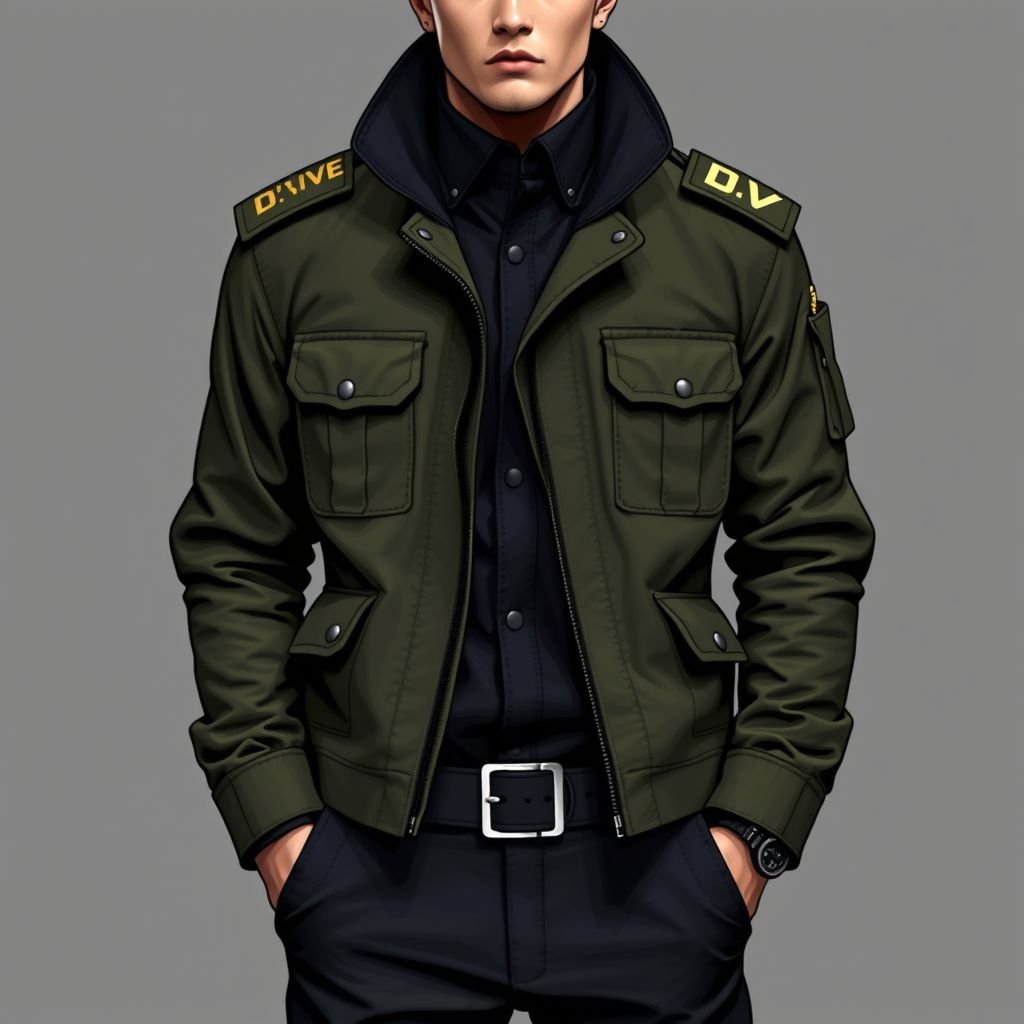 Make me a male military outfit. Put my brand name“Da’Vine” or DV on it. Make it original
Design a striking male military outfit that combines traditional military elements with contemporary flair. Incorporate structured silhouettes, asymmetric pockets, and a deep, rugged color palette of olive greens and navy blues. Embellish it with the brand name "Da’Vine" or "DV" in bold lettering on the shoulder epaulets, showcasing originality and strength.