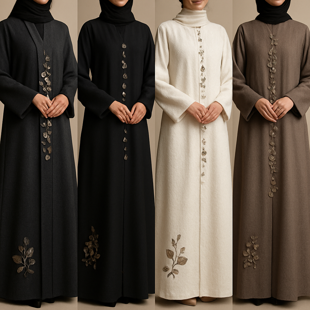 Create a modest chic abaya, the first of its kind, featuring a unique stone design that exudes a classy and sophisticated vibe. I'd like four designs, each showcasing different styles and fabrics. Incorporate high-end, unique chic stone designs to make them truly special. Add little sophisticated stone designsa and some touch of elite flower design.

Create a modest chic abaya, the first of its kind, featuring a unique stone design that exudes a classy and sophisticated vibe. I'd like four designs, each showcasing different styles and fabrics. Incorporate high-end, unique chic stone designs to make them truly special. Add little sophisticated stone designsa and some touch of elite flower design.