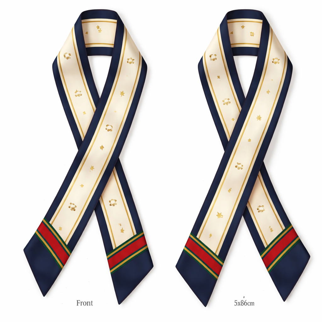 Design a scarf that is 5x86cm to be wrapped around the handle of a handbag for the World Cup 2026z no logos or words. Something Audrey Hepburn would wear more simple
Design a scarf that is 5x86cm to be wrapped around the handle of a handbag for the World Cup 2026z no logos or words. Something Audrey Hepburn would wear more simple, classic style, show front and back