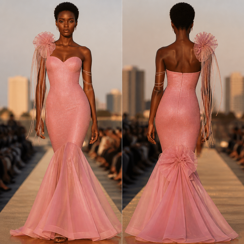 A Female Dress design, for Party. The solid pink glitter knit (lurex) fabric bodice starts directly at strapless sweetheart neckline, completely covering both breasts with tailored, solid fabric, without any sheer net panel below it. The entire gown is strictly form-fitting and tailored tightly down the back and hips, with no train or bulk at the back whatsoever; the back profile is sleek and tight. The fishtail mermaid skirt flares dramatically only at the front hemline, starting from the mid-thigh. A refined flower knot made of layered sheer ligh pink net fabric is attached seamlessly to the central mid-thigh area on the back. The prominent, asymmetric shoulder structure on the model's left features the dramatic mesh net fabric flower and the cascade of multiple thin fibre strands drapes. The model, dark-skinned with a chic natural style, is walking a sunset runway in Dar es Salaam, with blurred city architecture and crowd background. Sharp details on the solid bust coverage, the smooth tight back, and the metallic arm drapes. Natural golden hour lighting.. Tanzania fashion aesthetics.
photorealistic fashion design, A Female Dress design, for Party. The solid pink glitter knit (lurex) fabric bodice starts directly at strapless sweetheart neckline, completely covering both breasts with tailored, solid fabric, without any sheer net panel below it. The entire gown is strictly form-fitting and tailored tightly down the back and hips, with no train or bulk at the back whatsoever; the back profile is sleek and tight. The fishtail mermaid skirt flares dramatically only at the front hemline, starting from the mid-thigh. A refined flower knot made of layered sheer ligh pink net fabric is attached seamlessly to the central mid-thigh area on the back. The prominent, asymmetric shoulder structure on the model's left features the dramatic mesh net fabric flower and the cascade of multiple thin fibre strands drapes. The model, dark-skinned with a chic natural style, is walking a sunset runway in Dar es Salaam, with blurred city architecture and crowd background. Sharp details on the solid bust coverage, the smooth tight back, and the metallic arm drapes. Natural golden hour lighting.. Tanzania fashion aesthetics., just the design no text, show front and back