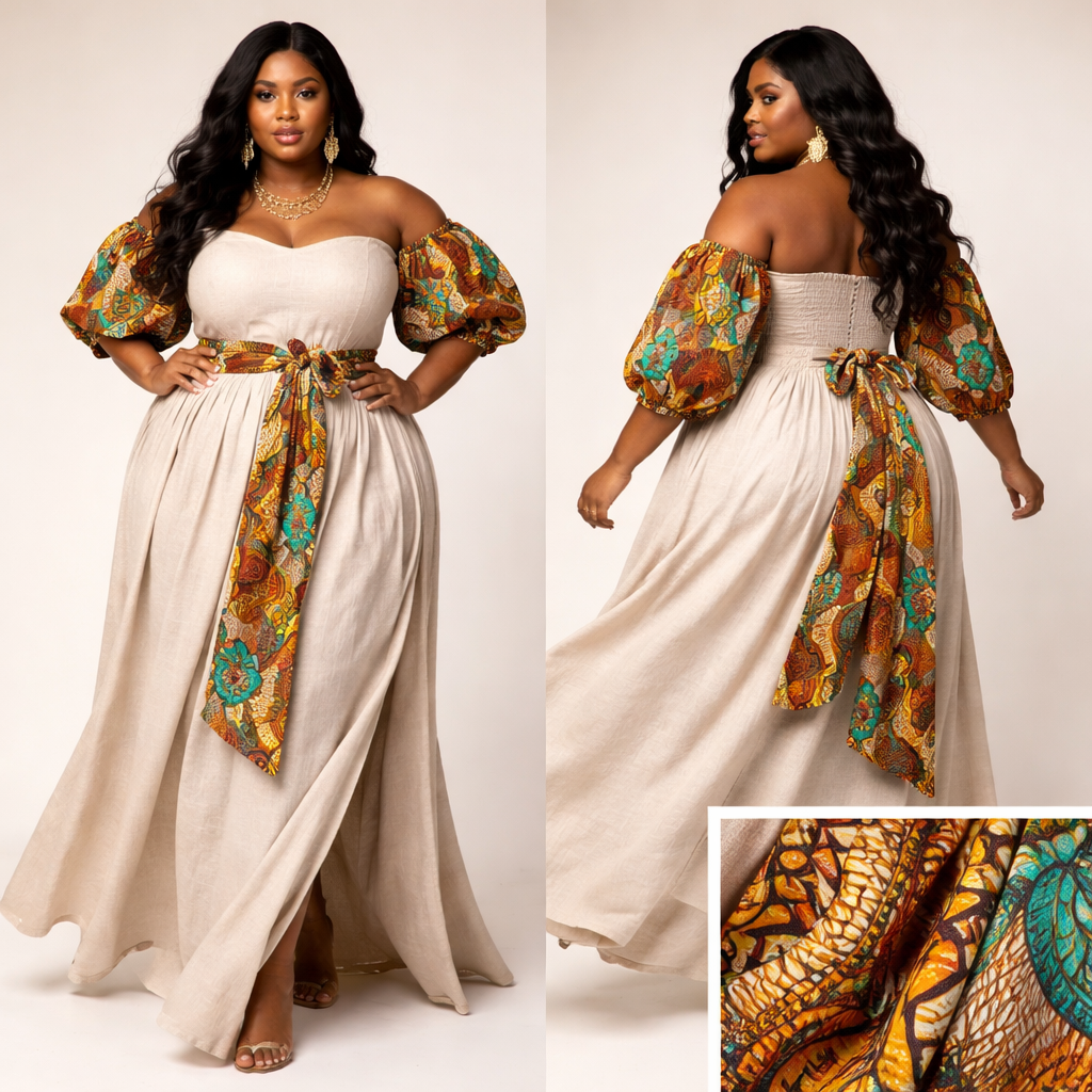 COMMAND BUBU
• Plus-size model (size 3XL–4XL)
• Neutral background (cream or charcoal)
• Hands on waist or walking pose
• Fabric movement visible
• Close-up shot of Ankara detail
COMMAND BUBU
• Plus-size model (size 3XL–4XL)
• Neutral background (cream or charcoal)
• Hands on waist or walking pose
• Fabric movement visible
• Close-up shot of Ankara detail
, linen style, show front and back