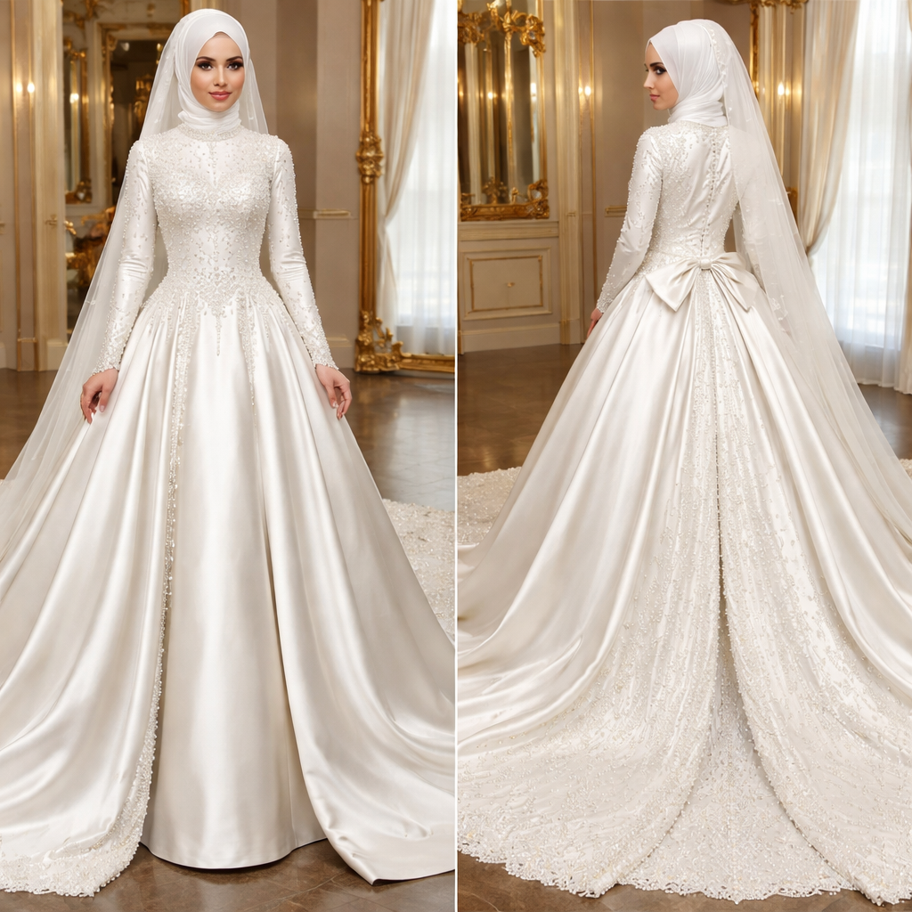 تصميم فستان زفاف ابيض من الساتان مطرز بالؤلؤ الابيض وبذيل منفصل طويل مناسب للمحجبات
تصميم فستان زفاف ابيض من الساتان مطرز بالؤلؤ الابيض وبذيل منفصل طويل مناسب للمحجبات, show front and back