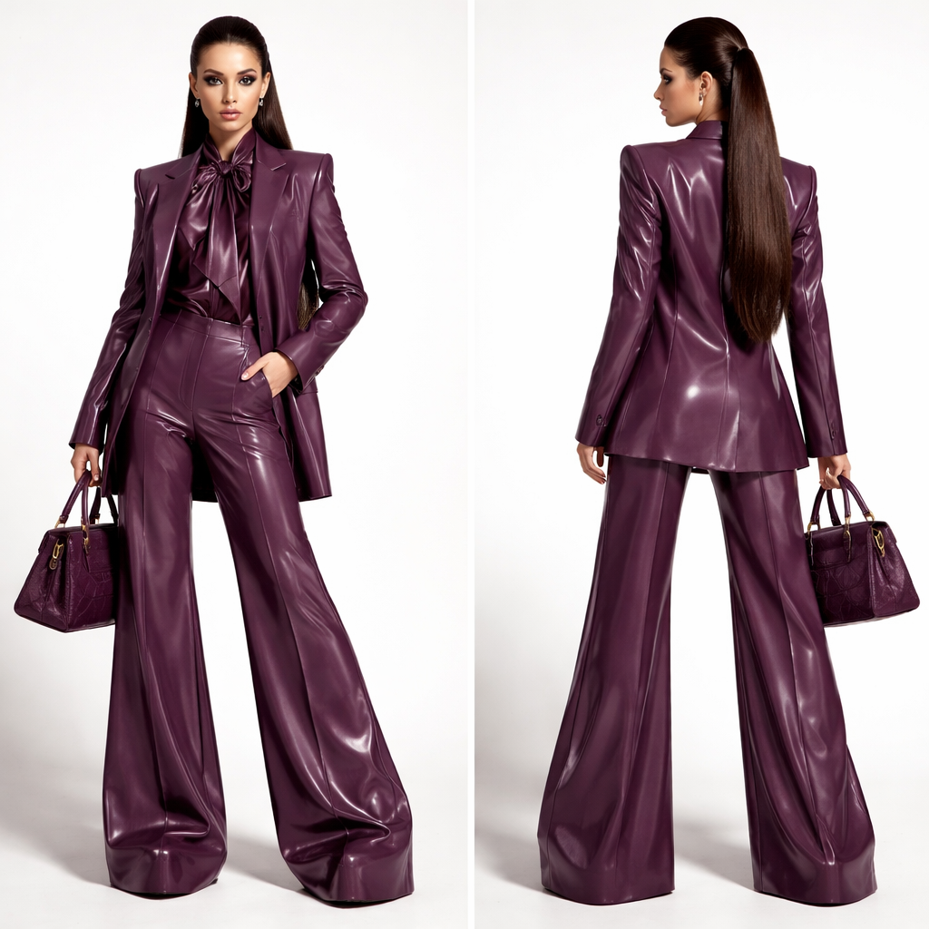 To achieve a classy, modest Bratz look, style a monochromatic three-piece suit in a glossy plum featuring ultra-wide-leg trousers that pool over the floor for that iconic doll-like scale. Pair them with a sharp, longline blazer over a high-neck pussy-bow blouse to maintain total coverage while adding sophisticated volume. Complete the high-fashion drama with massive hidden platforms for a towering silhouette, slicked-back hair, and a structured faux-croc handbag for an aesthetic that is polished, powerful, and undeniably "extra."
To achieve a classy, modest Bratz look, style a monochromatic three-piece suit in a glossy plum featuring ultra-wide-leg trousers that pool over the floor for that iconic doll-like scale. Pair them with a sharp, longline blazer over a high-neck pussy-bow blouse to maintain total coverage while adding sophisticated volume. Complete the high-fashion drama with massive hidden platforms for a towering silhouette, slicked-back hair, and a structured faux-croc handbag for an aesthetic that is polished, powerful, and undeniably "extra.", show front and back