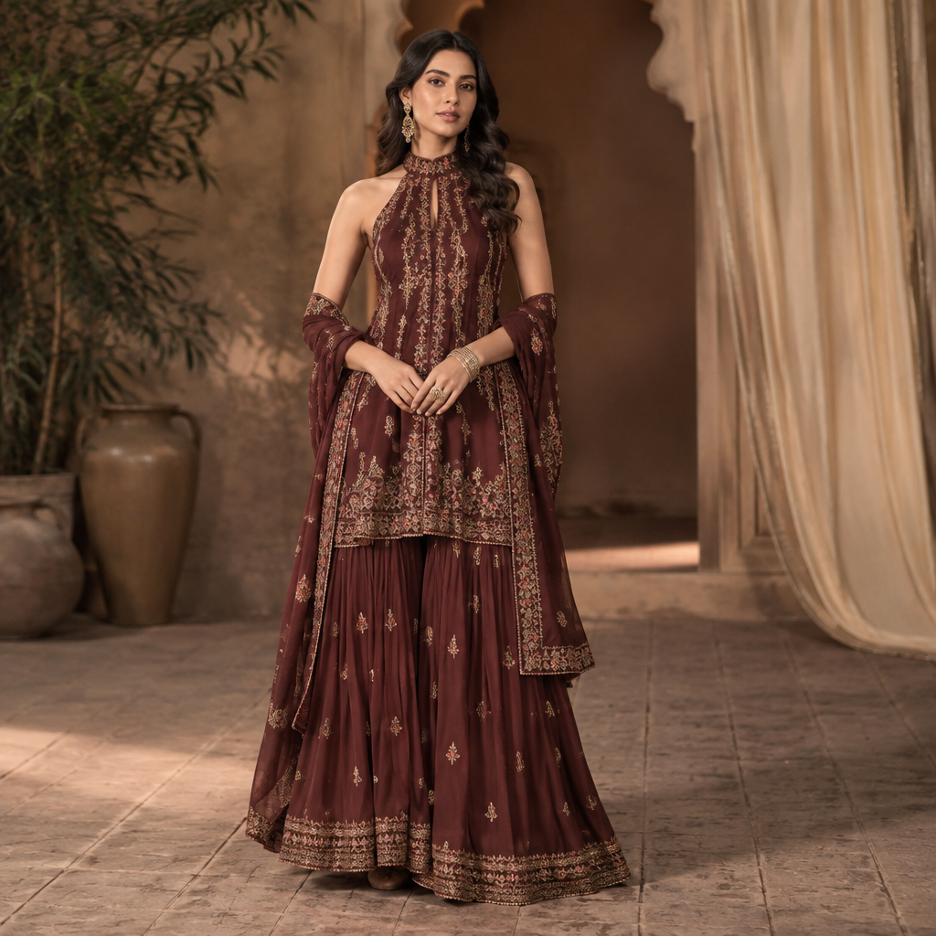 A Female Dress design, suitable for Fall. I wanna create a indo western sharara with halter neck. India fashion aesthetics. Present it as professional fashion catalogue photography: the garment is the subject, shown full-length with editorial styling, neutral posing and tasteful, non-suggestive framing.
photorealistic fashion design, A Female Dress design, suitable for Fall. I wanna create a indo western sharara with halter neck. India fashion aesthetics. Present it as professional fashion catalogue photography: the garment is the subject, shown full-length with editorial styling, neutral posing and tasteful, non-suggestive framing., just the design no text