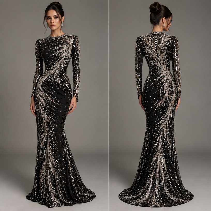 Cover the back completely and the whole dress should be black and silver together with diamonds and sequence
edit the attached fashion design with these instructions: Cover the back completely and the whole dress should be black and silver together with diamonds and sequence. keep it photorealistic, just the design no text
