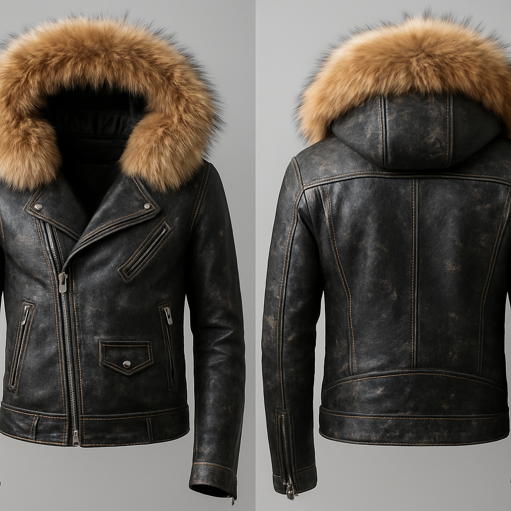 Fitted leather jacket with some distressing, fox fur hood, zippers and pockets
Fitted leather jacket with some distressing, fox fur hood, zippers and pockets, streetwear style, show front and back