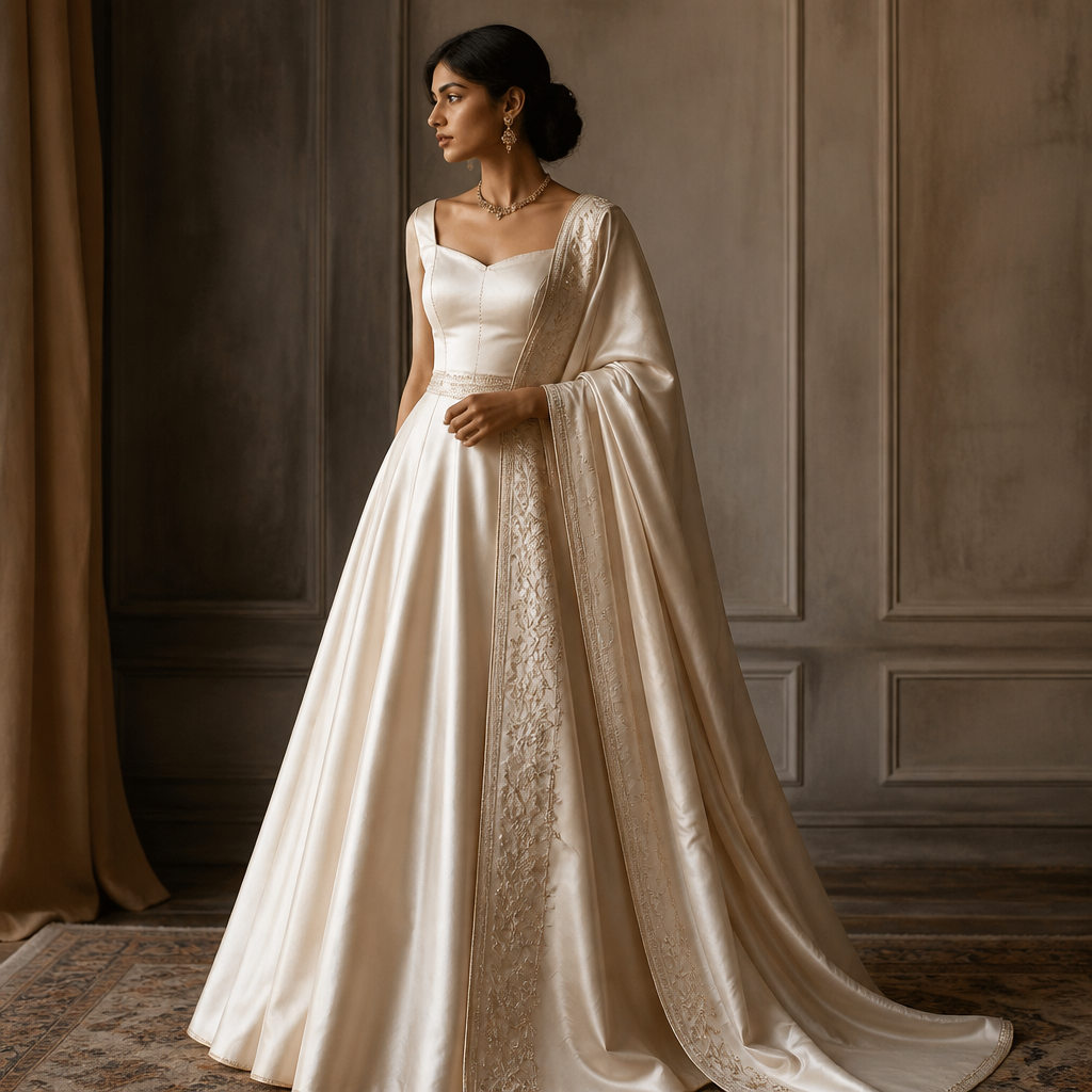 A Dress design, made of Satin, for Wedding, suitable for Summer, in Classic + Indian + Dark Academia style. India fashion aesthetics.
photorealistic fashion design, A Dress design, made of Satin, for Wedding, suitable for Summer, in Classic + Indian + Dark Academia style. India fashion aesthetics., classic style, just the design no text