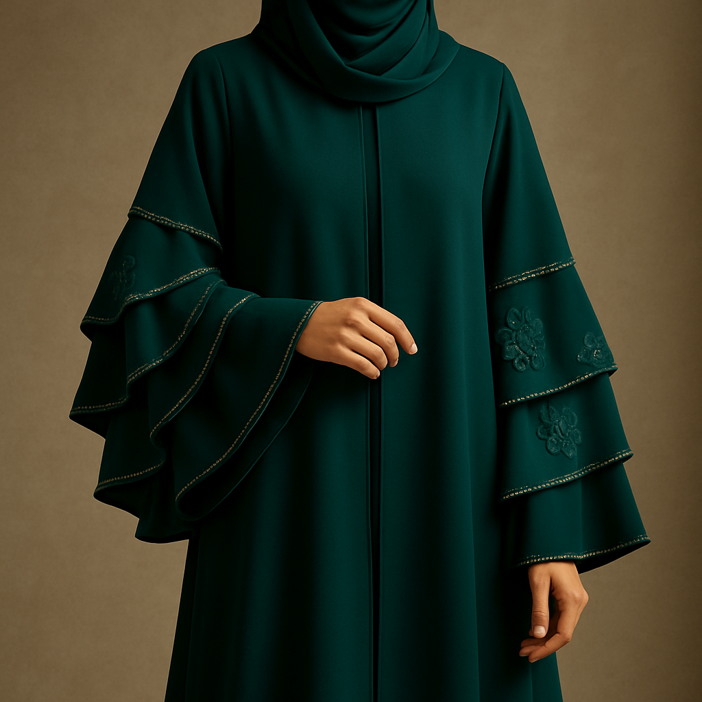 The Luxury Double-Sleeve Abaya
Tone: Deep Emerald
Design:
Layered double-sleeve with stone outlines and a few floral appliqués.
Why it will sell:
Double-sleeve designs trend every year sophisticated and instantly attractive.
The Luxury Double-Sleeve Abaya
Tone: Deep Emerald
Design:
Layered double-sleeve with stone outlines and a few floral appliqués.
Why it will sell:
Double-sleeve designs trend every year sophisticated and instantly attractive.