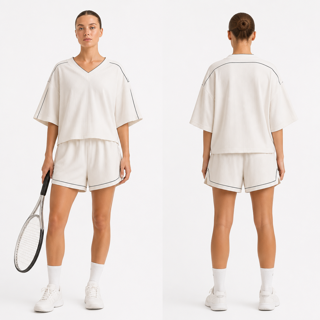 Une joueuse de tennis avec un short oversize et un top overzise.
photorealistic fashion design, Une joueuse de tennis avec un short oversize et un top overzise. , tenniscore style, just the design no text, show front and back