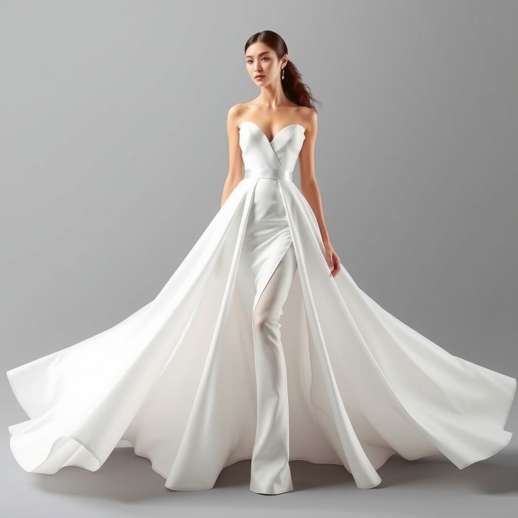 Quiero una imagen completa por delante y por detrás de un maniquí con un vestido blanco con un corte asimétrico tanto en la parte de arriba del pecho como en la par5te de abajo (que sea corto mas arriba de las rodillas), justo donde acaba El vestido cubra la parte de atrás de las piernas una tela de gasa blanca larga haciendo efecto de un pequeña cola y que lo que es el vestido en si tenga alguna pedrería y parezca de alta costura
Crea una imagen de un elegante maniquí que exhiba un vestido blanco de alta costura. El diseño presenta un corte asimétrico en el pecho y una falda corta por encima de las rodillas. En la parte posterior, una larga tela de gasa blanca fluye, formando una delicada cola, adornada con pedrería sutilmente brillante.