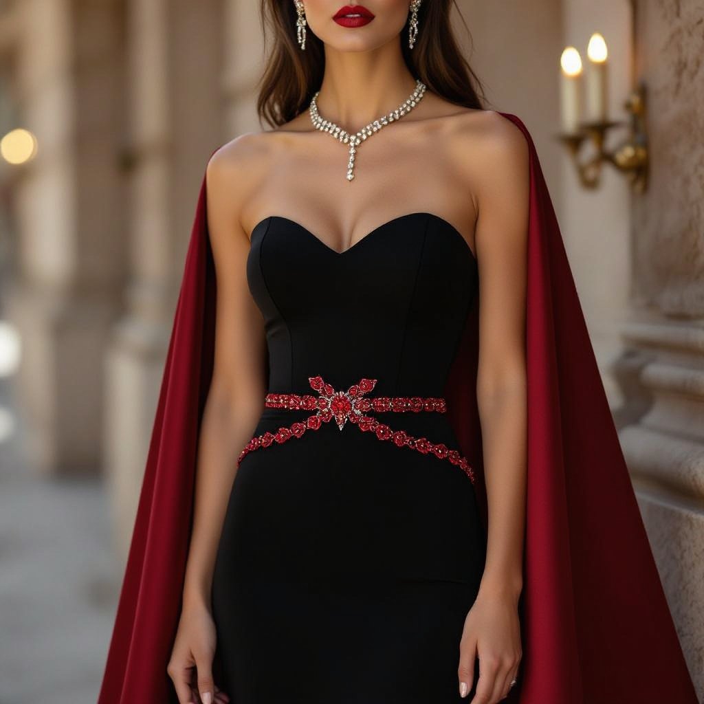 I want to creat a black body con whivj has red wimes stone in upper and plate at tummy in cross with red pearls. And shoulder gown which will. Red wine color attach with necklace in neck.
Black stretch-crepe bodycon dress, sleeveless, with a sweetheart neckline. Red rhinestone embellishment on the bodice. Red pearl details on a cross-front waist plate. Attached red wine satin cape with an integrated necklace.