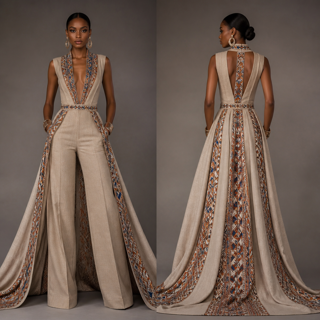 A Female Dress design, made of Linen, in Glamorous + Indigenous + African style. it is in form of a jumpsuit and has an outside train it has a Cuba fabric
photorealistic fashion design, A Female Dress design, made of Linen, in Glamorous + Indigenous + African style. it is in form of a jumpsuit and has an outside train it has a Cuba fabric, glamorous style, just the design no text, show front and back
