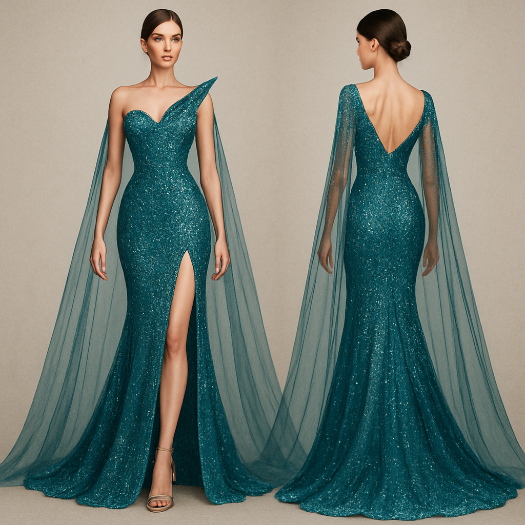 Help me design a pageant gown that is form fitted with a high slit and a unique sharp neckline, make it teal and extremely sparkly and ornate with stones, give it abstract shape with a sheer cape that flows to the floor. Something for a 30 year old Miss contestant.
Help me design a pageant gown that is form fitted with a high slit and a unique sharp neckline, make it teal and extremely sparkly and ornate with stones, give it abstract shape with a sheer cape that flows to the floor. Something for a 30 year old Miss contestant. , show front and back