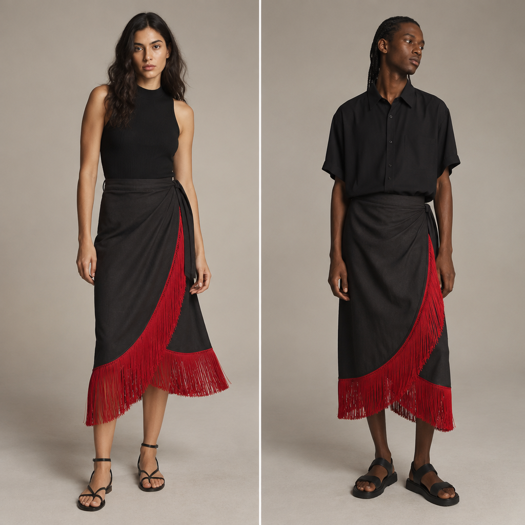 A Unisex Skirt design, suitable for Spring. Uma saia midi preta com franja vermelha. Brazil fashion aesthetics. Present it as professional fashion catalogue photography: the garment is the subject, shown full-length with editorial styling, neutral posing and tasteful, non-suggestive framing.
photorealistic fashion design, A Unisex Skirt design, suitable for Spring. Uma saia midi preta com franja vermelha. Brazil fashion aesthetics. Present it as professional fashion catalogue photography: the garment is the subject, shown full-length with editorial styling, neutral posing and tasteful, non-suggestive framing., just the design no text