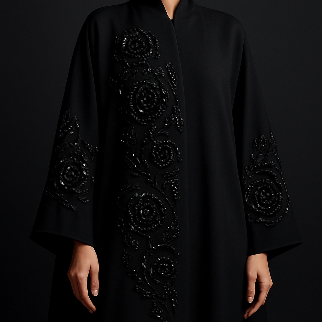 The Black Diamond Rose Abaya
Tone: Pure jet black
Design:
A dramatic cascade of black diamond-cut stones forming abstract rose shapes on the front panel and sleeve.
Fabric: Silk-crepe
Vibe: Fierce elegance, rich and commanding.

The Black Diamond Rose Abaya
Tone: Pure jet black
Design:
A dramatic cascade of black diamond-cut stones forming abstract rose shapes on the front panel and sleeve.
Fabric: Silk-crepe
Vibe: Fierce elegance, rich and commanding.