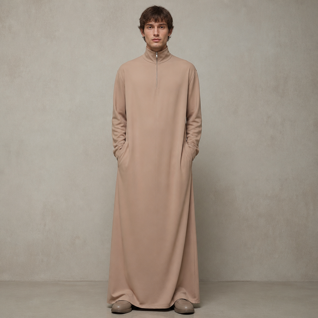 A Male Kaftan design. мужская водолазка, у которой воротник на молнии. свет коричневый, без рисунка. материал тНущийся. Russia fashion aesthetics. Present it as professional fashion catalogue photography: the garment is the subject, shown full-length with editorial styling, neutral posing and tasteful, non-suggestive framing.
photorealistic fashion design, A Male Kaftan design. мужская водолазка, у которой воротник на молнии. свет коричневый, без рисунка. материал тНущийся. Russia fashion aesthetics. Present it as professional fashion catalogue photography: the garment is the subject, shown full-length with editorial styling, neutral posing and tasteful, non-suggestive framing., just the design no text