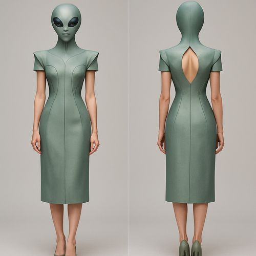 Create me a Women’s Unique Alien wear design dress. It should be a high fashion design. It should be below the knees (mid calf length). Runway designed. 
