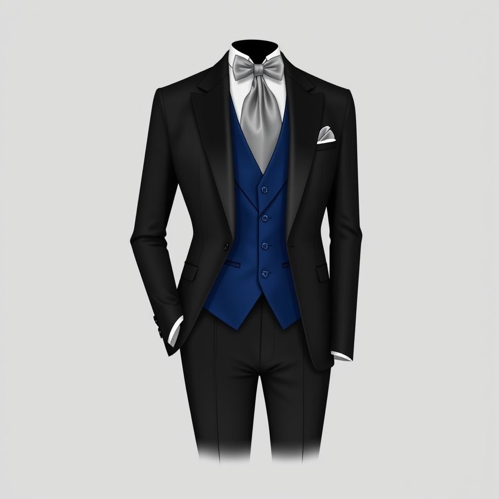 Wedding tuxedo with a deep sapphire vest and a long silver tie
Design an exquisite wedding tuxedo featuring a tailored black jacket with crisp lines and sharp lapels. Incorporate a deep sapphire vest made from luxurious silk, adorned with subtle embroidery for elegance. Complete the look with a flowing silver tie and pristine white shirt, exuding timeless sophistication and refined charm for the modern groom.
