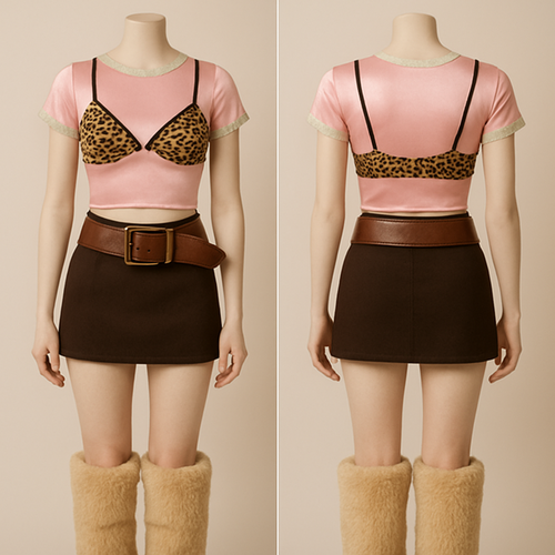 a silky pink baby tee with lace light green hens and tips with a cheetah print bra over it. a brown super mini skirt. beige fur boots. a oversized leather brown belt that doesn’t go through the belt loops. 
