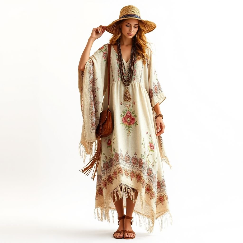 I want to design free style camfortable and modern
Design an oversized, flowy bohemian dress featuring intricate floral embroidery and asymmetric hemlines. Incorporate natural fabrics like linen and cotton in earthy tones, complemented by fringed details and crochet elements. Layer with a lightweight, patterned shawl and accessorize with layered beaded necklaces and wide-brimmed hats for a free-spirited, modern look.