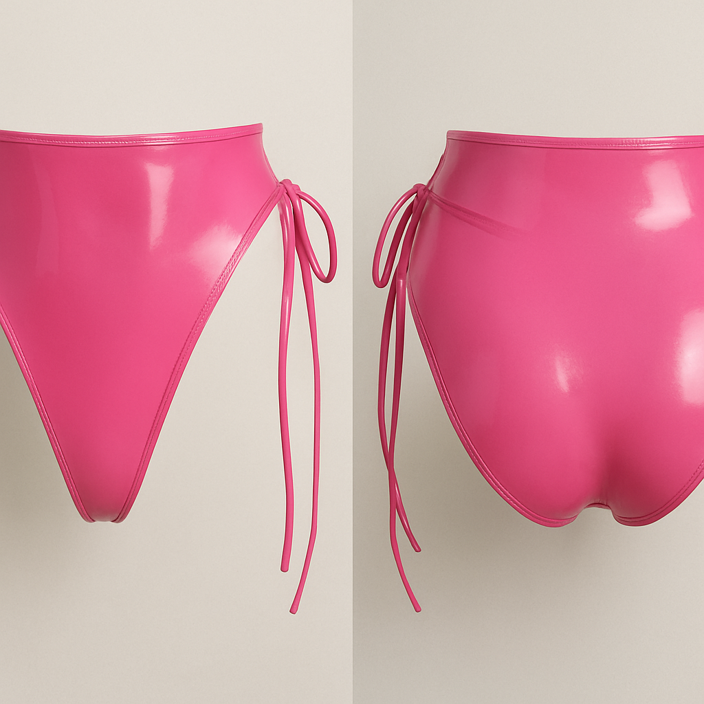 Pink Latex string bikini bottoms 90s style, high waisted, tie string, full but skimpy back coverage 


Pink Latex string bikini bottoms 90s style, high waisted, tie string, full but skimpy back coverage 
, show front and back
