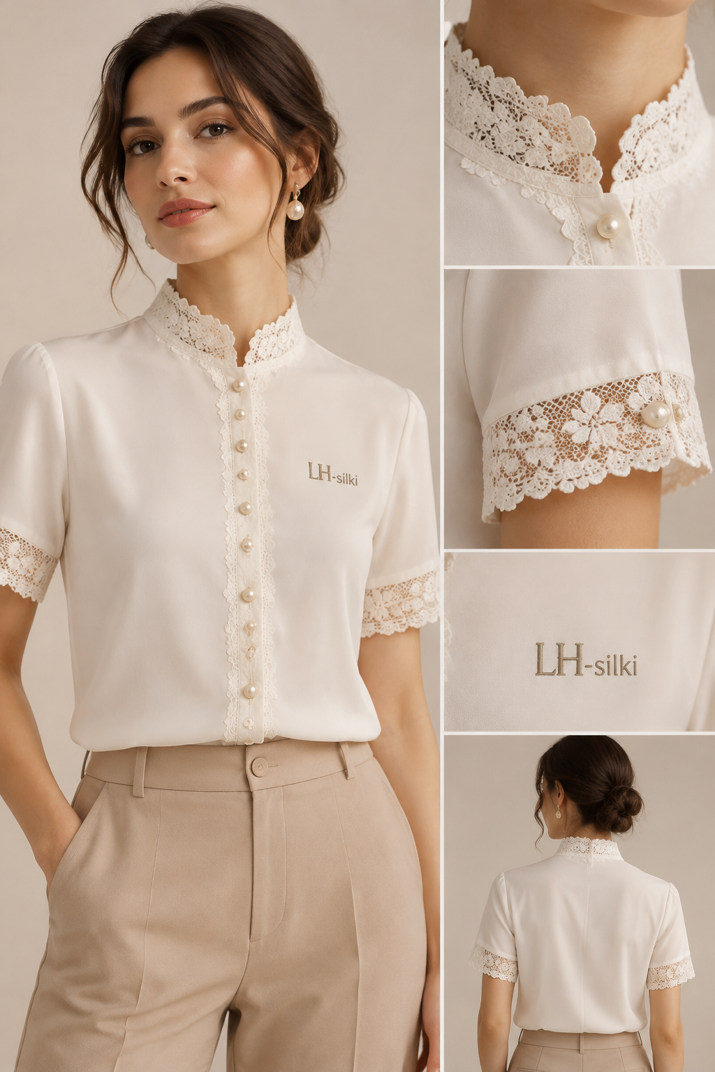 Casual And Easy Elegant Stylish High-Collar Shirt, a Minimalist Fashionable Charm High-Collar Top, Women'-with logo LH-silki and shorter sleeves-with buttons- add lace to sleevs and nexline
Casual And Easy Elegant Stylish High-Collar Shirt, a Minimalist Fashionable Charm High-Collar Top, Women'-with logo LH-silki and shorter sleeves-with buttons- add lace to sleevs and nexline
